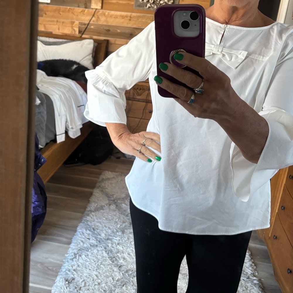 Talbots Women’s White Bow-Accent Blouse with Bell Sleeve Size LP